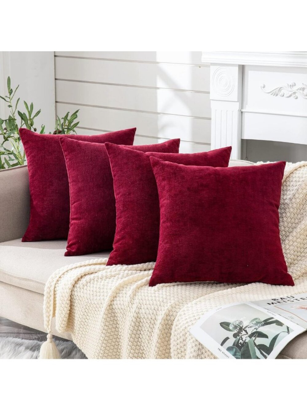 Set of 4 Decorative Square Throw Pillow Covers 18x18” Soft Chenille Cushion for